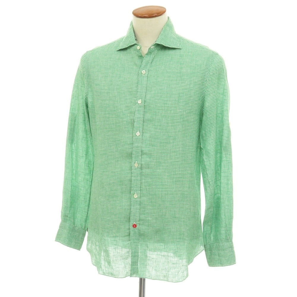 【中古】イザイア ISAIA リネン ギンガムチェック ワイドカラー カジュアルシャツ グリーンxホワイト【サイズ39】【 状態ランクC 】【 メンズ 】