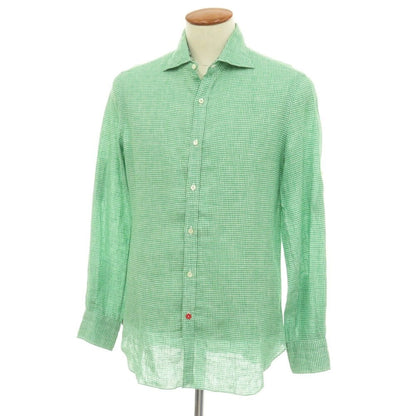 【中古】イザイア ISAIA リネン ギンガムチェック ワイドカラー カジュアルシャツ グリーンxホワイト【サイズ39】【 状態ランクC 】【 メンズ 】