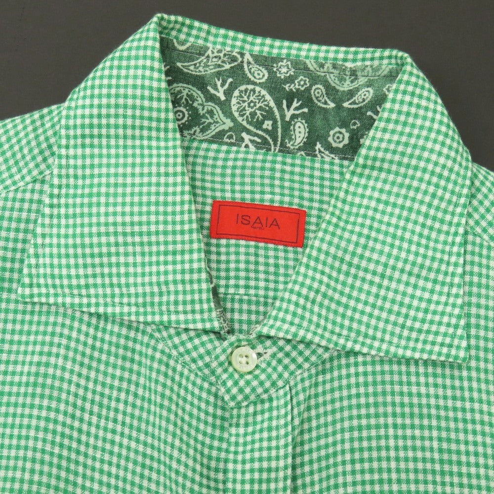 【中古】イザイア ISAIA リネン ギンガムチェック ワイドカラー カジュアルシャツ グリーンxホワイト【サイズ39】【 状態ランクC 】【 メンズ 】