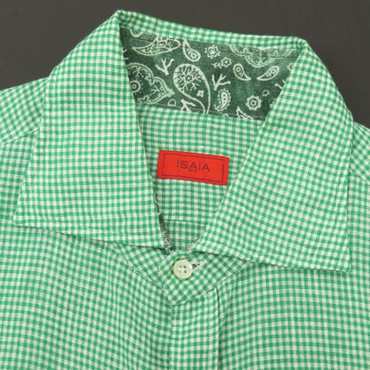 【中古】イザイア ISAIA リネン ギンガムチェック ワイドカラー カジュアルシャツ グリーンxホワイト【サイズ39】【 状態ランクC 】【 メンズ 】