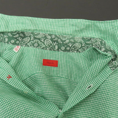 【中古】イザイア ISAIA リネン ギンガムチェック ワイドカラー カジュアルシャツ グリーンxホワイト【サイズ39】【 状態ランクC 】【 メンズ 】