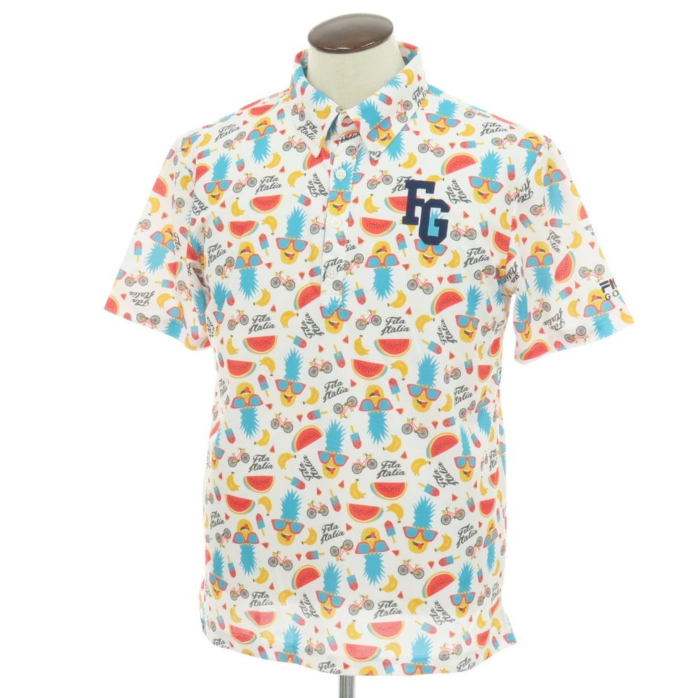 【中古】フィラ FILA GOLF ポリエステル 総柄プリント ボタンダウン 半袖ポロシャツ ホワイトxマルチカラー【サイズLL】【 状態ランクA 】【 メンズ 】