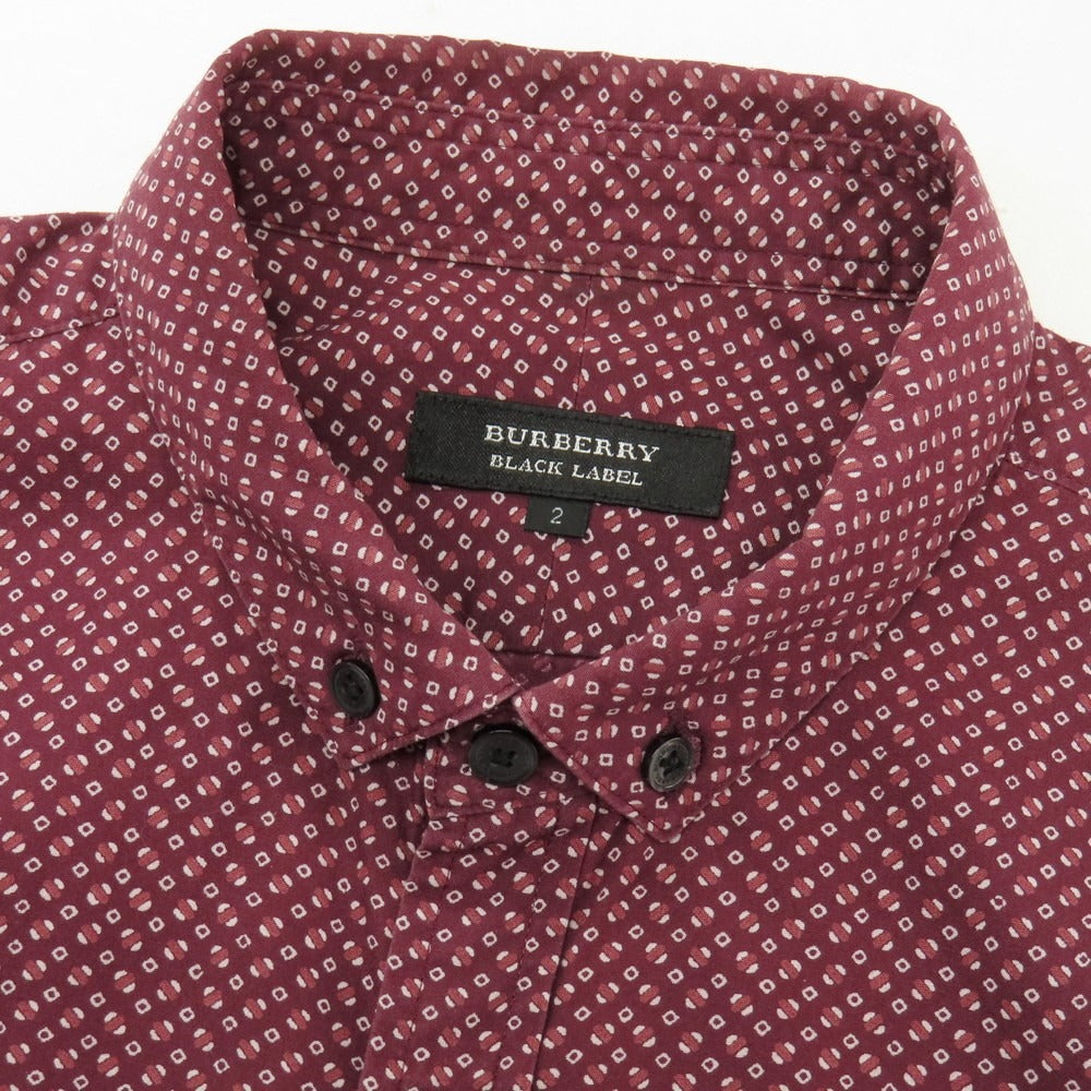 【中古】バーバリーブラックレーベル BURBERRY BLACK LABEL コットン 総柄プリント ショートボタンダウンカラー カジュアルシャツ バーガンディ【サイズ2】【 状態ランクC 】【 メンズ 】