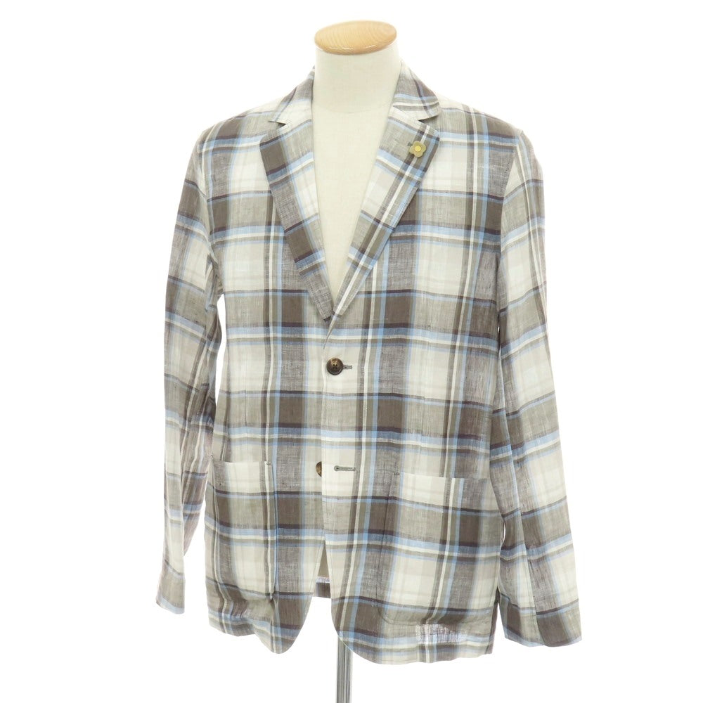 【中古】ラルディーニ LARDINI リネン チェック 2B カジュアルジャケット ホワイトxグレー系【サイズS】【 状態ランクA 】【 メンズ 】
