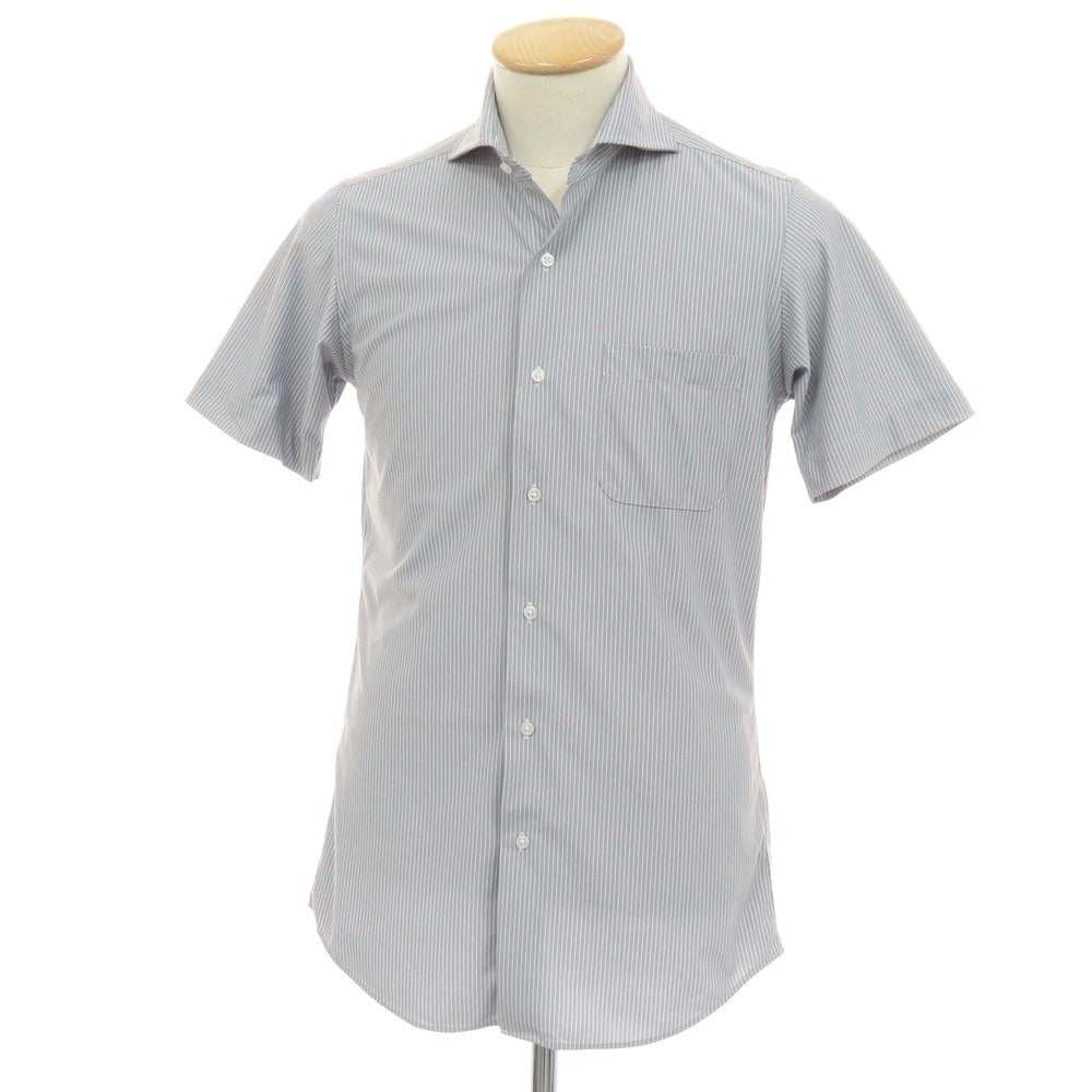 【中古】グリーンレーベルリラクシング green label relaxing ポリエステル ストライプ ホリゾンタルカラー 半袖シャツ グレーxホワイト【サイズS】【 状態ランクB 】【 メンズ 】
