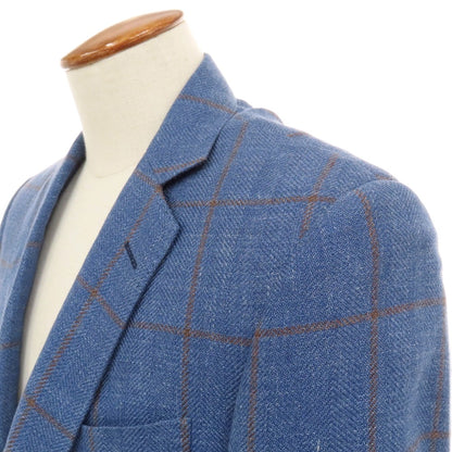 【中古】ブルックスブラザーズ Brooks Brothers リネン ウィンドウペーンチェック 2B テーラードジャケット ブルーxブラウン【サイズ38】【 状態ランクC 】【 メンズ 】