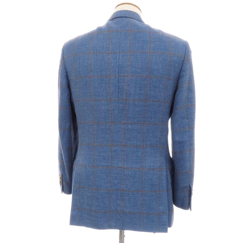 【中古】ブルックスブラザーズ Brooks Brothers リネン ウィンドウペーンチェック 2B テーラードジャケット ブルーxブラウン【サイズ38】【 状態ランクC 】【 メンズ 】