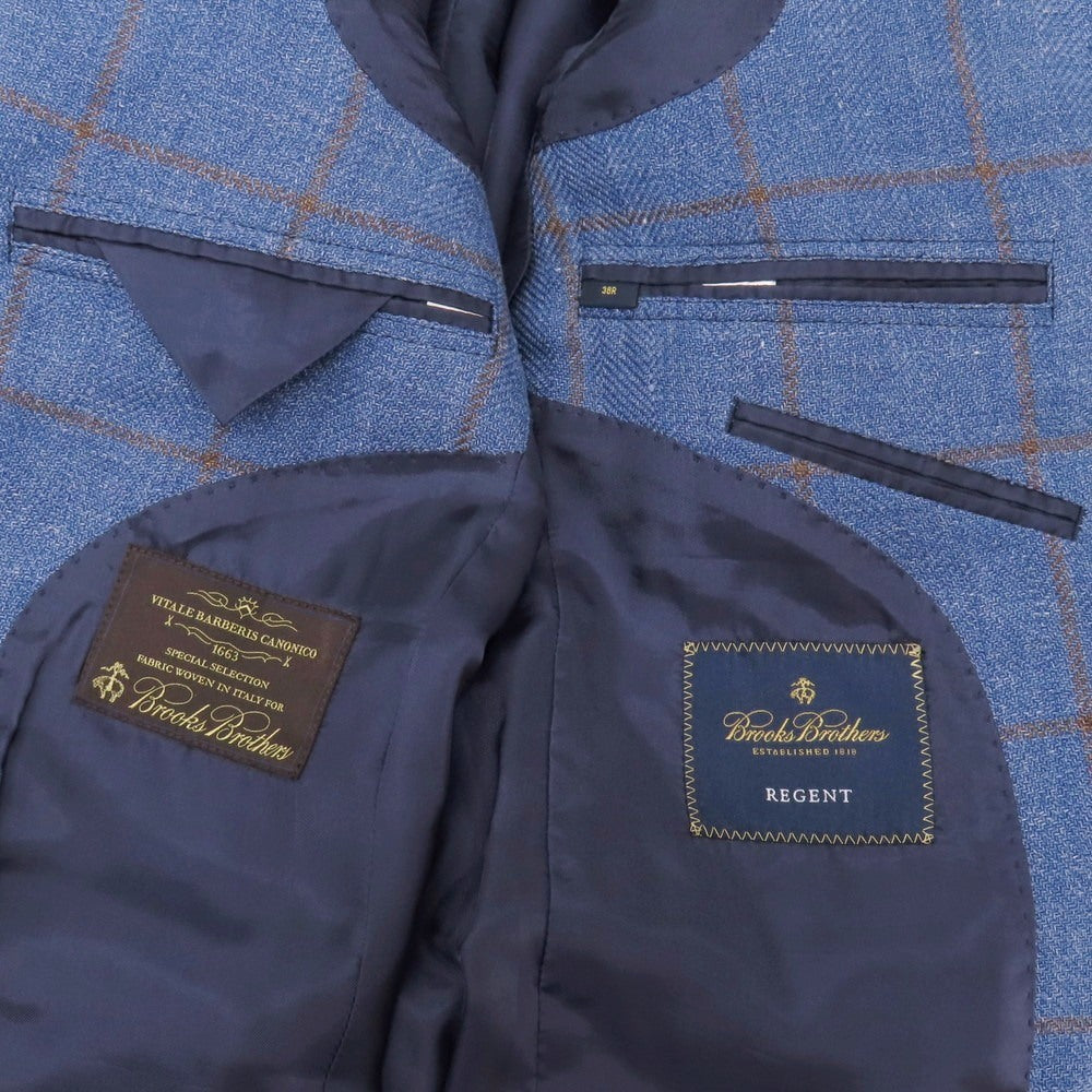 【中古】ブルックスブラザーズ Brooks Brothers リネン ウィンドウペーンチェック 2B テーラードジャケット ブルーxブラウン【サイズ38】【 状態ランクC 】【 メンズ 】