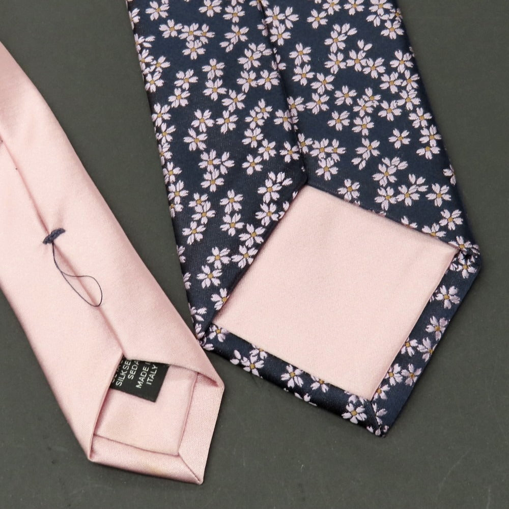 【中古】エルメネジルドゼニア Ermenegildo Zegna LIMITED EDITION for SHINJUKU シルク 桜柄×無地 切り替え ネクタイ ネイビーxピンク【 状態ランクC 】【 メンズ 】
