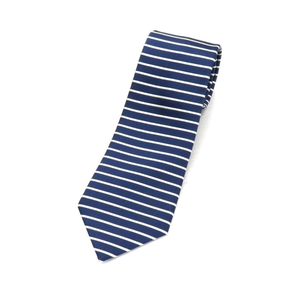 【中古】エルメネジルドゼニア Ermenegildo Zegna シルク ホリゾンタルストライプ ボーダー柄 ネクタイ ネイビーxホワイト【 状態ランクC 】【 メンズ 】