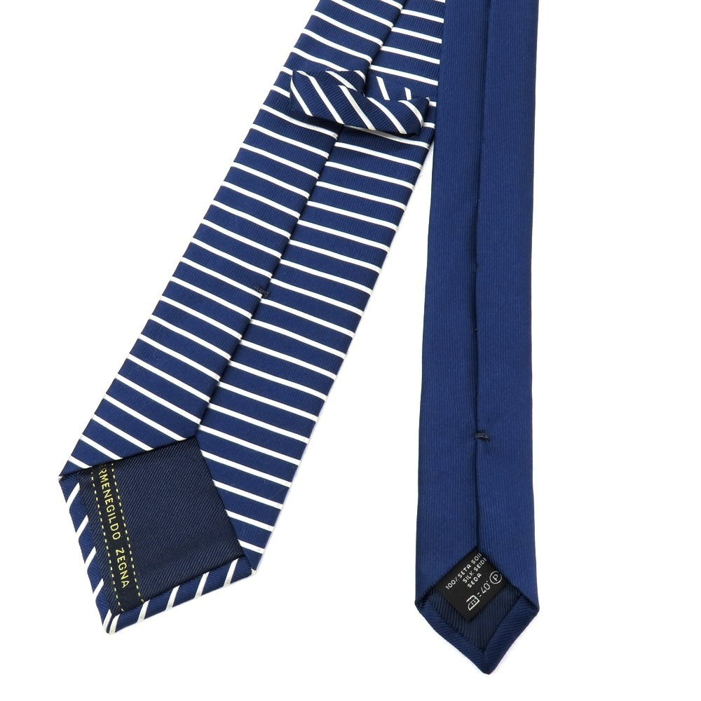 【中古】エルメネジルドゼニア Ermenegildo Zegna シルク ホリゾンタルストライプ ボーダー柄 ネクタイ ネイビーxホワイト【 状態ランクC 】【 メンズ 】