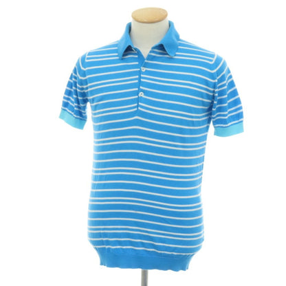 【中古】ジョンスメドレー JOHN SMEDLEY ハイゲージ ニュージーランドメリノウール ボーダー 半袖 ポロニット ライトブルーxホワイト【サイズS】【 状態ランクC 】【 メンズ 】