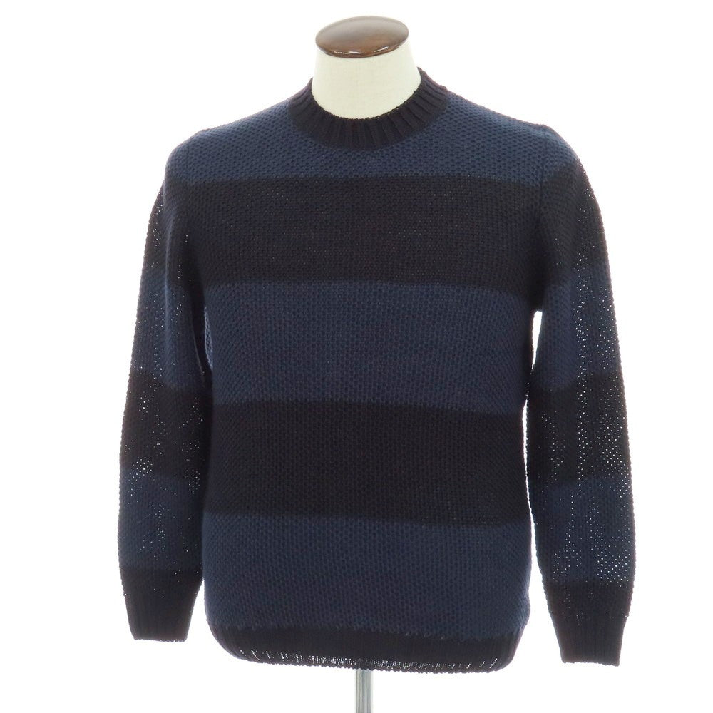 【新品】セッテフィーリ カシミア Settefili Cashmere リネンコットン ボーダー クルーネック プルオーバーニット ネイビー系【サイズ50/M】【 状態ランクN 】【 メンズ 】