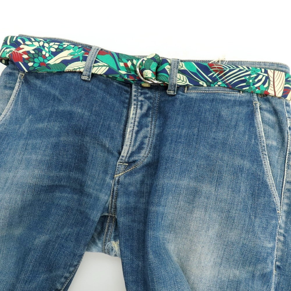 【新品】パオロ アルビザッティ PAOLO ALBIZZATI シルク ボタニカル柄 プリント ダブルリング リボンベルト グリーンxネイビー【サイズM】【 状態ランクN 】【 メンズ 】