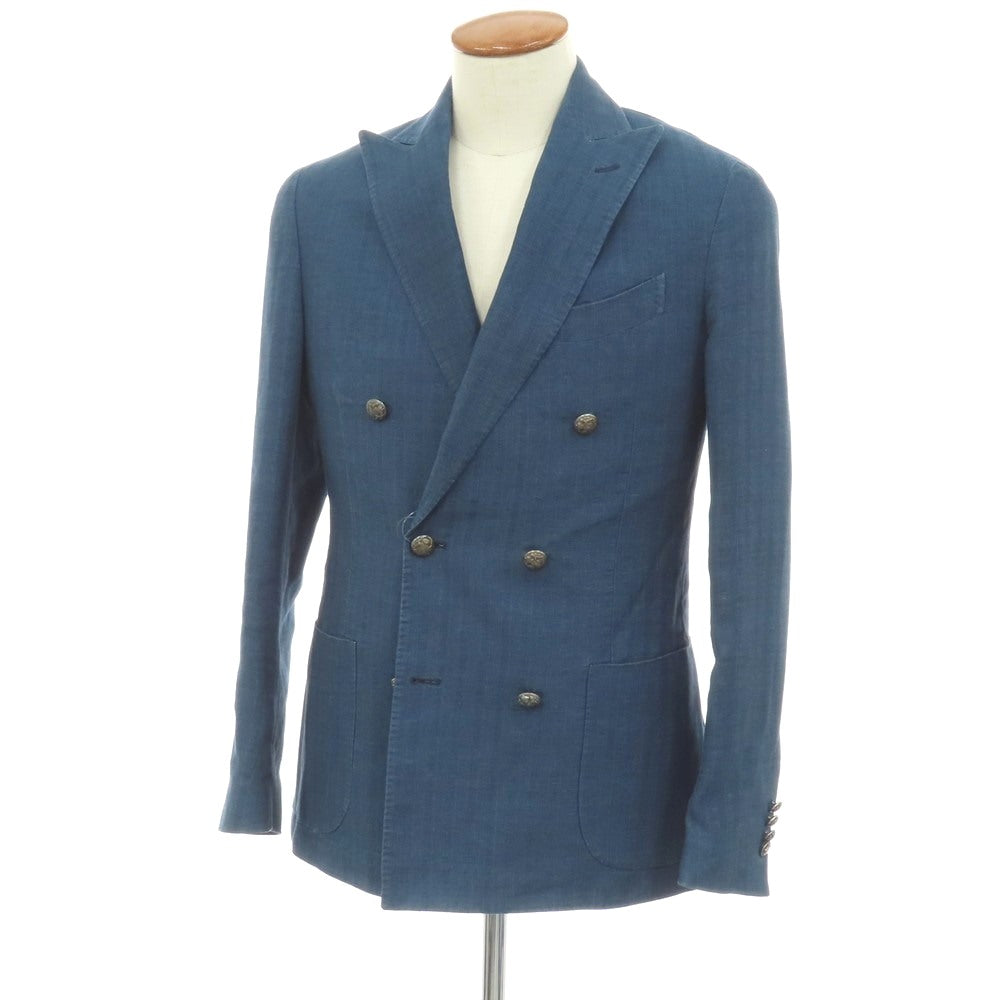 【中古】ラルディーニ LARDINI コットンリネン シャドウストライプ 6B ダブルブレスト テーラードジャケット ネイビーブルー【サイズ46 7REG】【 状態ランクD 】【 メンズ 】