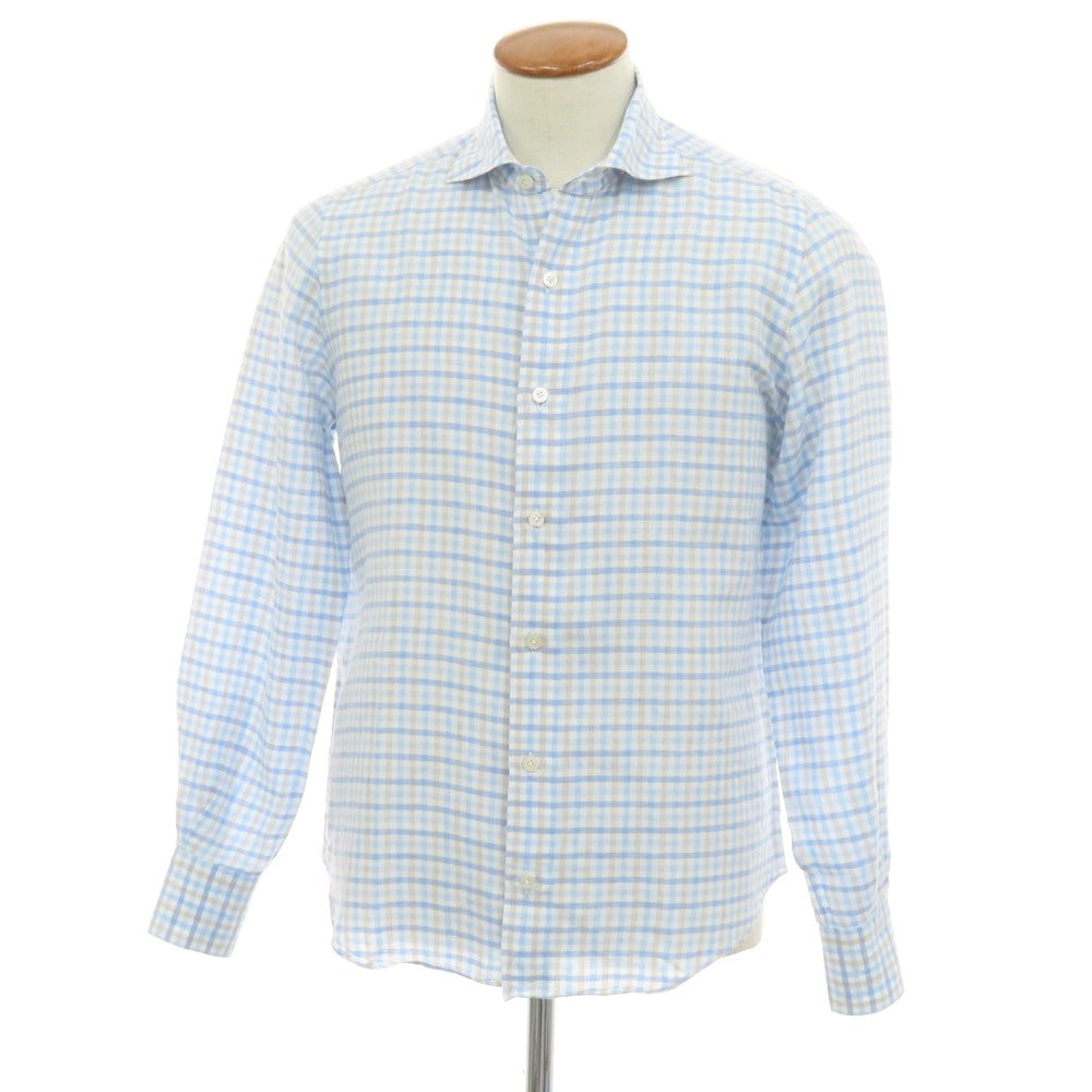 【中古】フィナモレ Finamore BARNEYS NEW YORK別注 コットンリネン チェック カジュアルシャツ ブルーxホワイト【サイズM】【 状態ランクB 】【 メンズ 】
