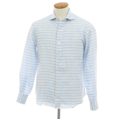 【中古】フィナモレ Finamore BARNEYS NEW YORK別注 コットンリネン チェック カジュアルシャツ ブルーxホワイト【サイズM】【 状態ランクB 】【 メンズ 】
