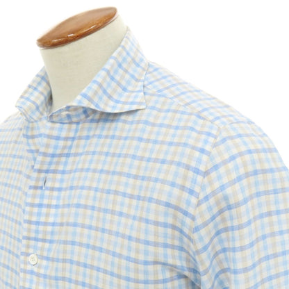 【中古】フィナモレ Finamore BARNEYS NEW YORK別注 コットンリネン チェック カジュアルシャツ ブルーxホワイト【サイズM】【 状態ランクB 】【 メンズ 】
