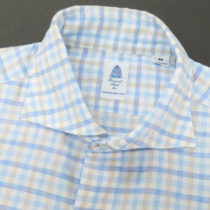 【中古】フィナモレ Finamore BARNEYS NEW YORK別注 コットンリネン チェック カジュアルシャツ ブルーxホワイト【サイズM】【 状態ランクB 】【 メンズ 】