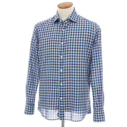 【中古】グランシャツ Glanshirt コットン チェック セミワイドカラー カジュアルシャツ ネイビーxブルー【サイズ39】【 状態ランクB 】【 メンズ 】