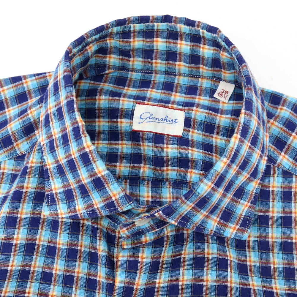【中古】グランシャツ Glanshirt コットン チェック セミワイドカラー カジュアルシャツ ネイビーxブルー【サイズ39】【 状態ランクB 】【 メンズ 】