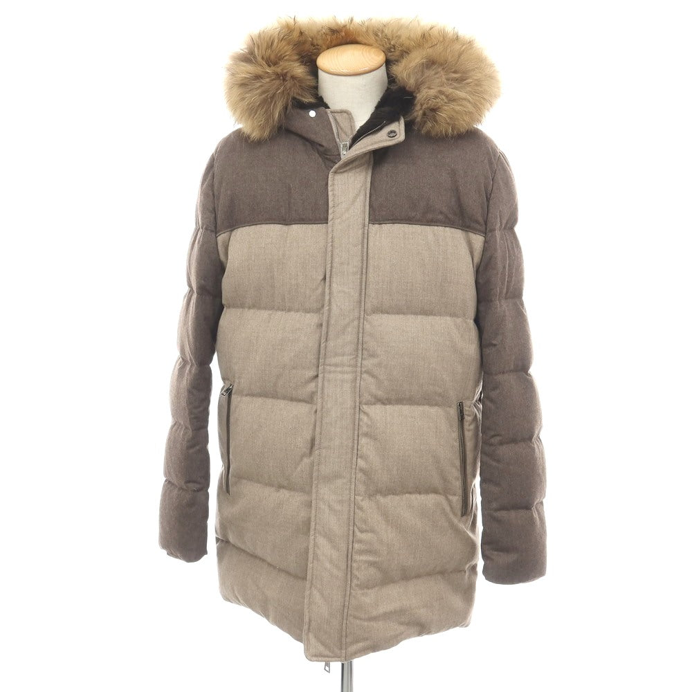 【中古】マンツォーニ24 MANZONI24 ウール フーデッド ダウンコート ベージュ【サイズ44】【 状態ランクB 】【 メンズ 】