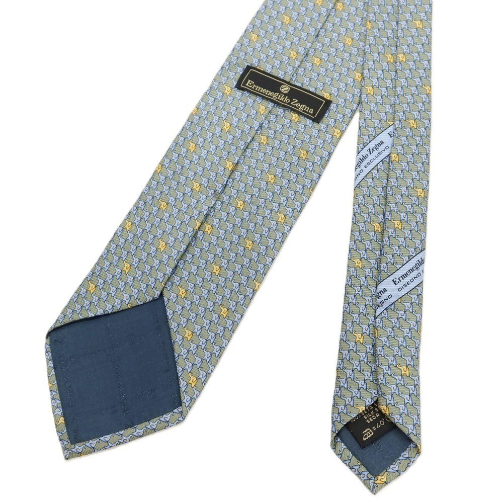 【中古】エルメネジルドゼニア Ermenegildo Zegna シルク プリント ゾウ エレファント柄ネクタイ グリーン系xライトブルー【 状態ランクB 】【 メンズ 】