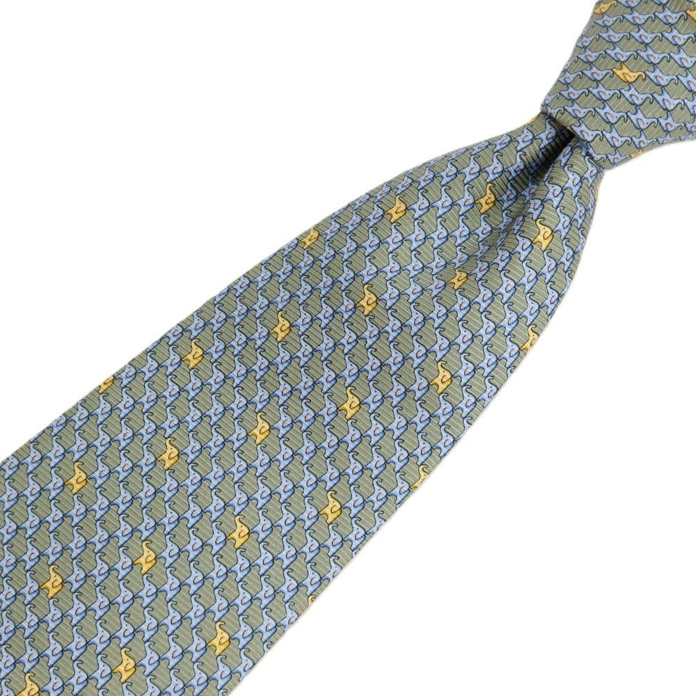 【中古】エルメネジルドゼニア Ermenegildo Zegna シルク プリント ゾウ エレファント柄ネクタイ グリーン系xライトブルー【 状態ランクB 】【 メンズ 】