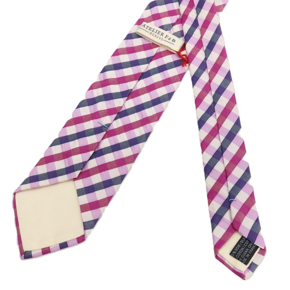 【中古】アトリエ エフアンドビー ATERIER F&amp;B シルクコットン チェック柄ネクタイ ライトパープルxネイビー【 状態ランクA 】【 メンズ 】