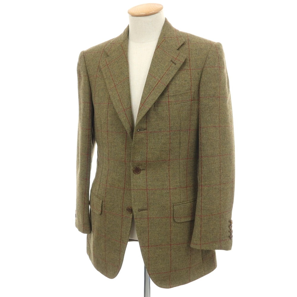 【中古】ビームスエフ BEAMS F ウール ヘリンボーン織り チェック 3B テーラードジャケット モスグリーンxレッド【サイズ44】【 状態ランクC 】【 メンズ 】