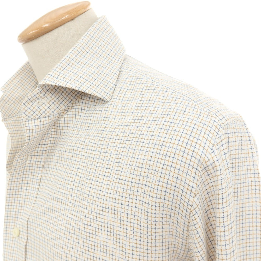 【中古】ビームスエフ BEAMS F コットン チェック セミワイドカラー ドレスシャツ ホワイトxベージュ【サイズ38】【 状態ランクC 】【 メンズ 】