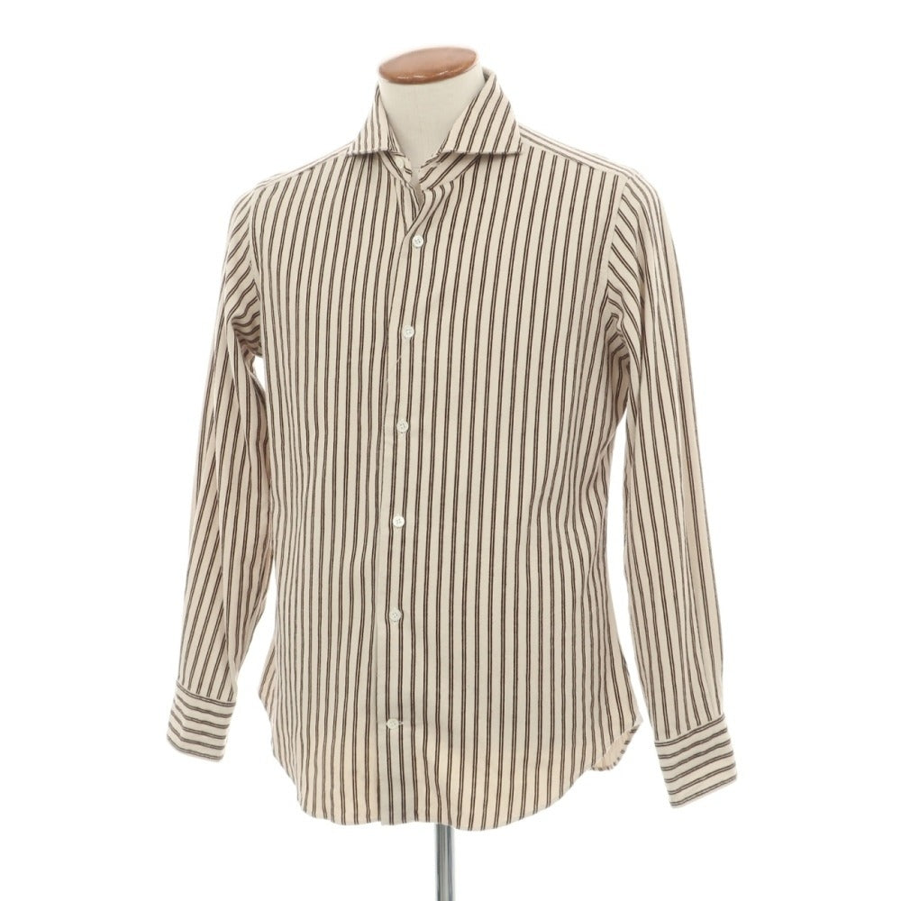 【中古】ジャンネット giannetto コットン フロッキープリント ストライプ ホリゾンタルカラー カジュアルシャツ ベージュxブラウン【サイズ40】【 状態ランクB 】【 メンズ 】