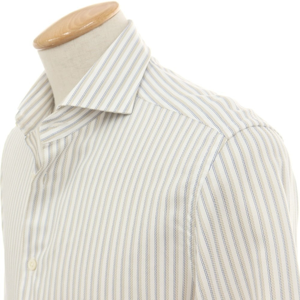 【中古】コルネリアーニ CORNELIANI コットン ストライプ ホリゾンタルカラー ドレスシャツ ホワイトxベージュ【サイズ38】【 状態ランクB 】【 メンズ 】