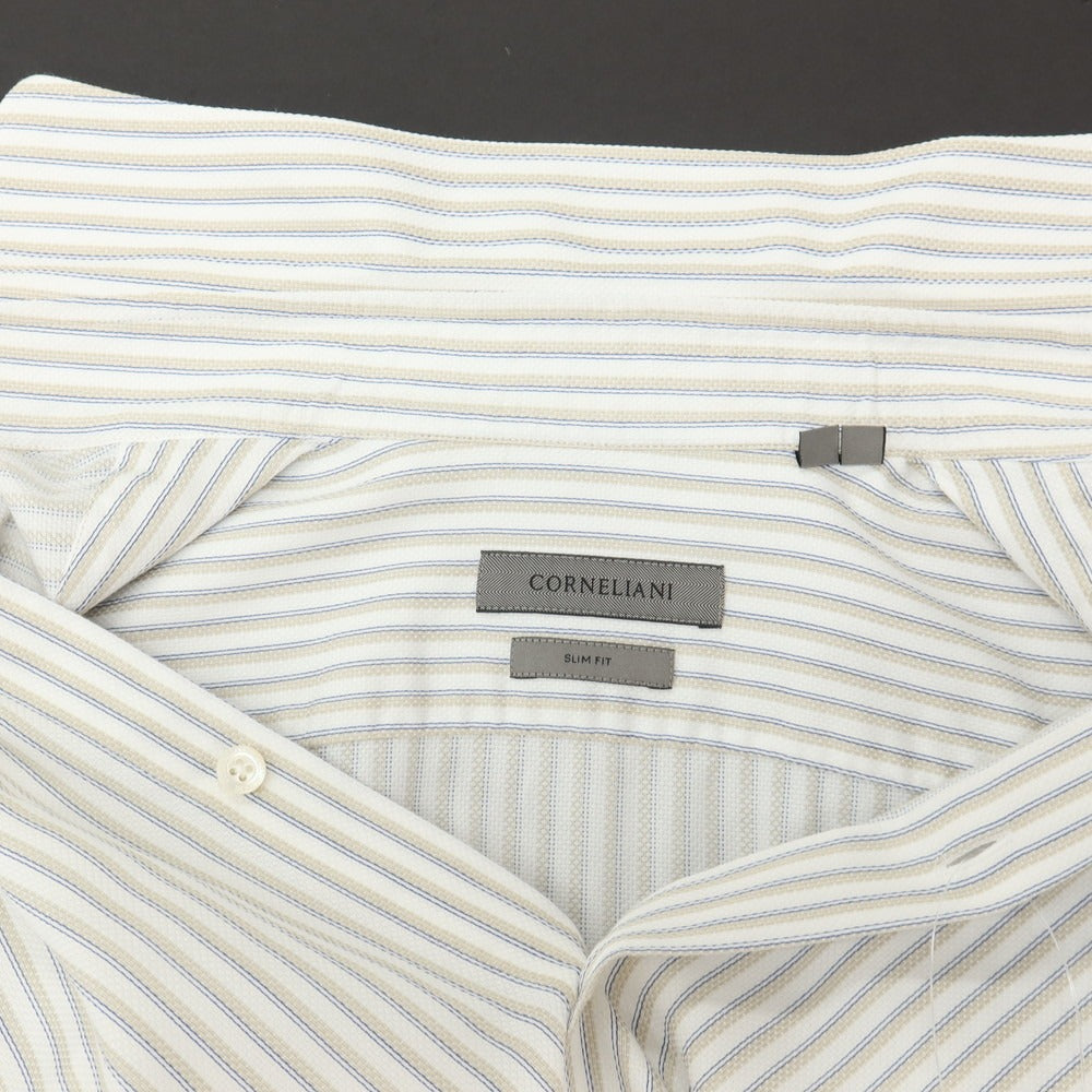 【中古】コルネリアーニ CORNELIANI コットン ストライプ ホリゾンタルカラー ドレスシャツ ホワイトxベージュ【サイズ38】【 状態ランクB 】【 メンズ 】
