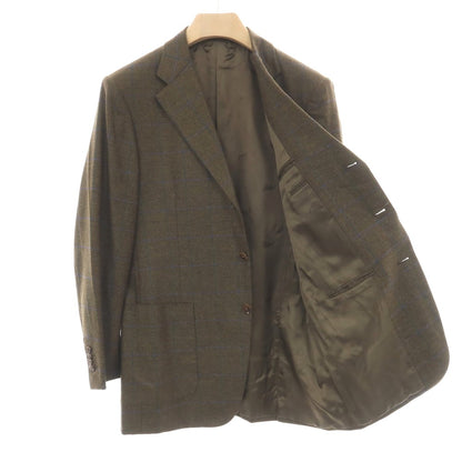 【中古】ベルベスト Belvest ウールカシミヤ ウィンドウペーンチェック 3B テーラードジャケット オリーブグリーンxブルー【サイズ50】【 状態ランクB 】【 メンズ 】