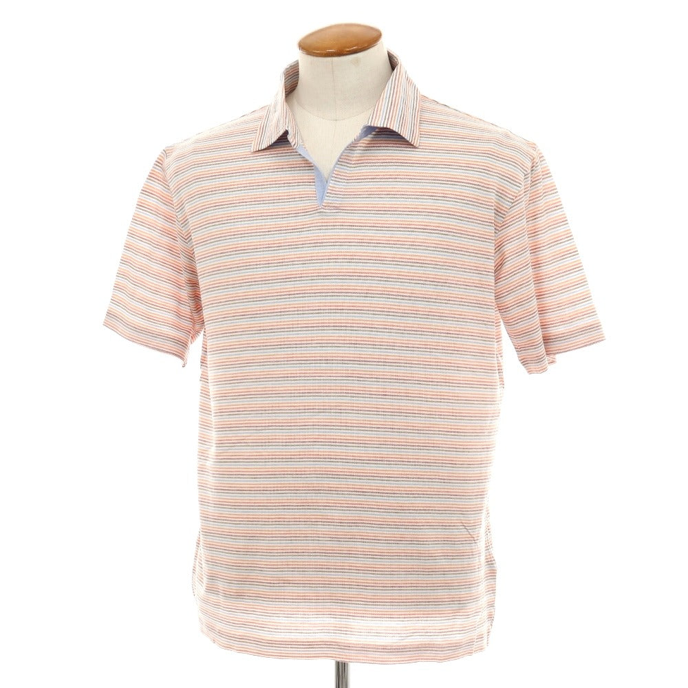【中古】ゼニアスポーツ Zegna SPORT ストレッチ コットン ボーダー 半袖ポロシャツ オレンジxマルチカラー【サイズM】【 状態ランクB 】【 メンズ 】