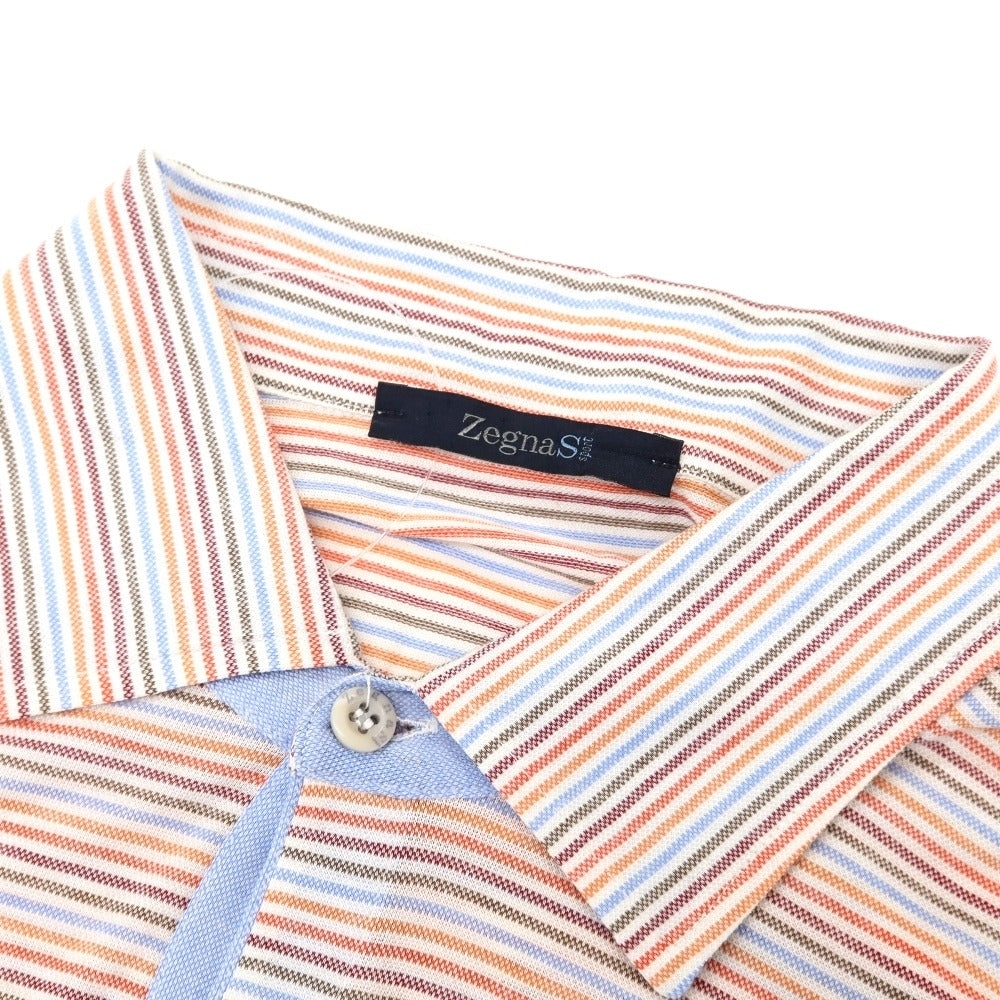 【中古】ゼニアスポーツ Zegna SPORT ストレッチ コットン ボーダー 半袖ポロシャツ オレンジxマルチカラー【サイズM】【 状態ランクB 】【 メンズ 】