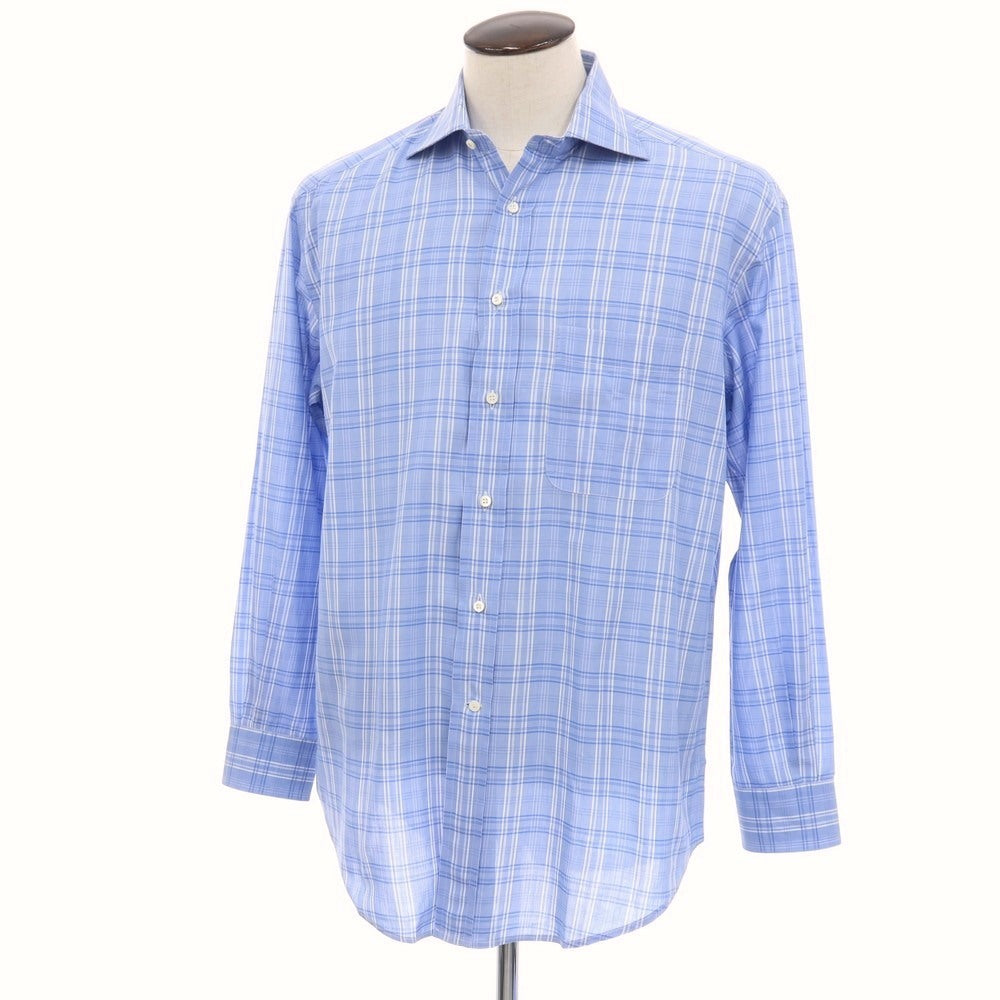 【中古】エルメネジルドゼニア Ermenegildo Zegna コットン チェック セミワイドカラー ドレスシャツ ブルーxホワイト【サイズ41】【 状態ランクC 】【 メンズ 】