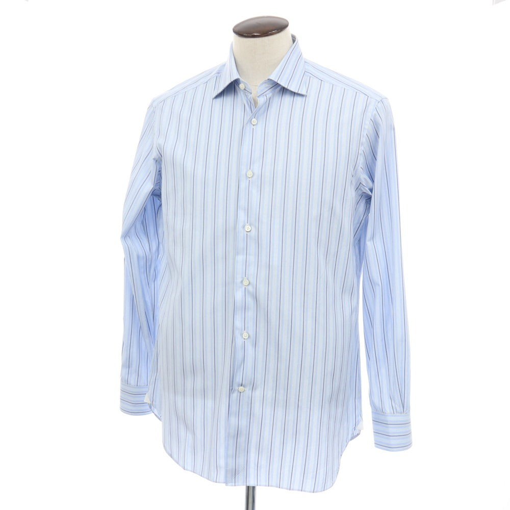【中古】エルメネジルドゼニア Ermenegildo Zegna コットン ストライプ セミワイドカラー ドレスシャツ ライトブルーxホワイト【サイズ41】【 状態ランクC 】【 メンズ 】