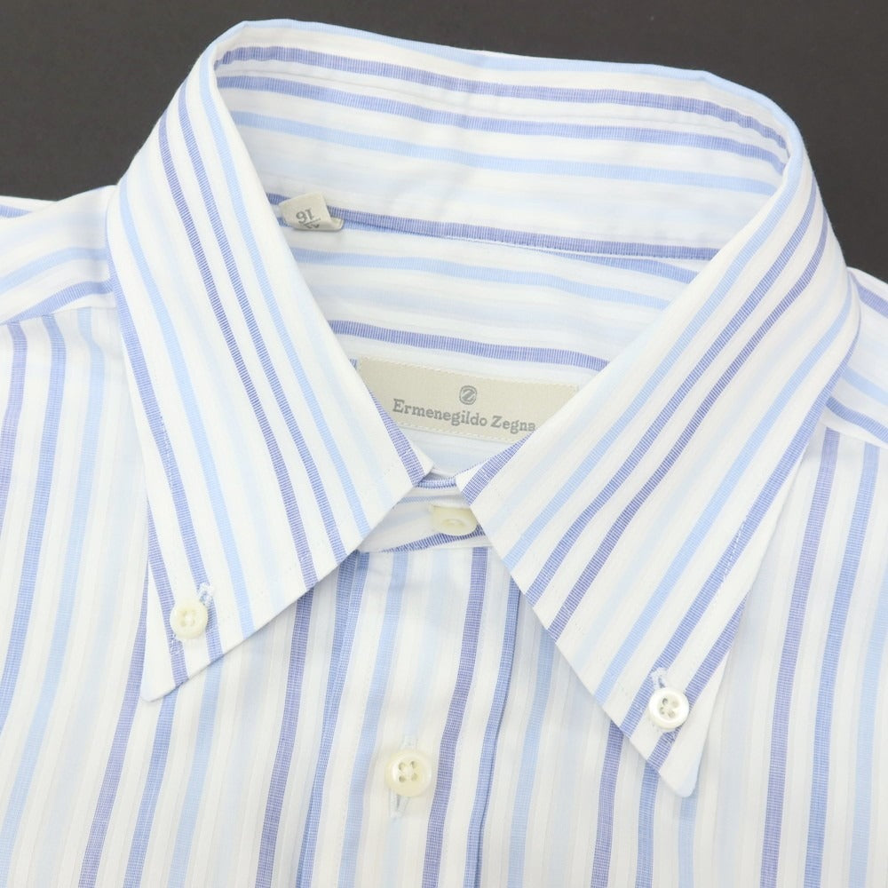【中古】エルメネジルドゼニア Ermenegildo Zegna コットン ストライプ ボタンダウン ドレスシャツ ホワイトxブルー系【サイズ41】【 状態ランクC 】【 メンズ 】