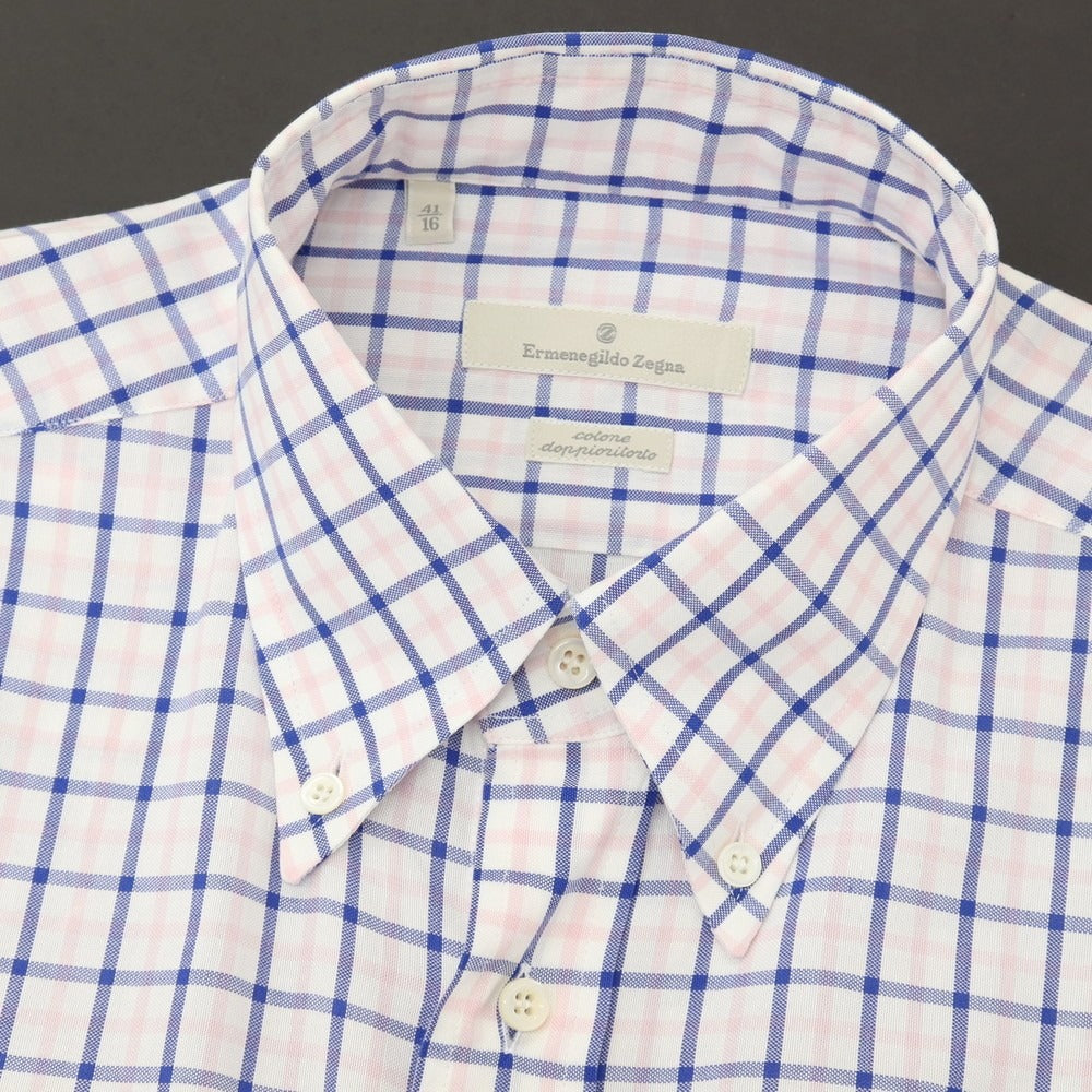 【中古】エルメネジルドゼニア Ermenegildo Zegna コットン チェック ボタンダウン ドレスシャツ ホワイトxピンク【サイズ41】【 状態ランクB 】【 メンズ 】