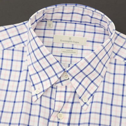 【中古】エルメネジルドゼニア Ermenegildo Zegna コットン チェック ボタンダウン ドレスシャツ ホワイトxピンク【サイズ41】【 状態ランクB 】【 メンズ 】