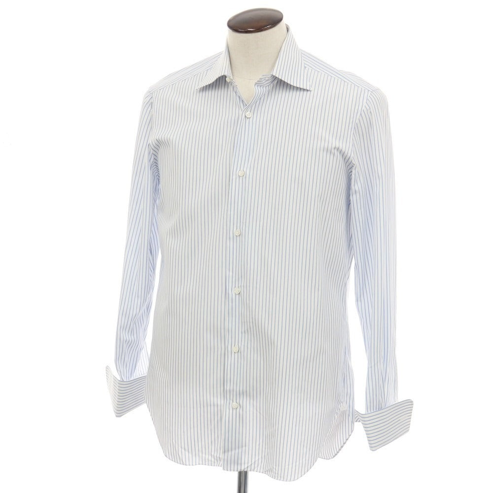 【中古】バルバ BARBA BARNEYS NEW YORK別注 コットン ストライプ ダブルカフス セミワイドカラー ドレスシャツ ホワイトxブルー【サイズ41】【 状態ランクC 】【 メンズ 】