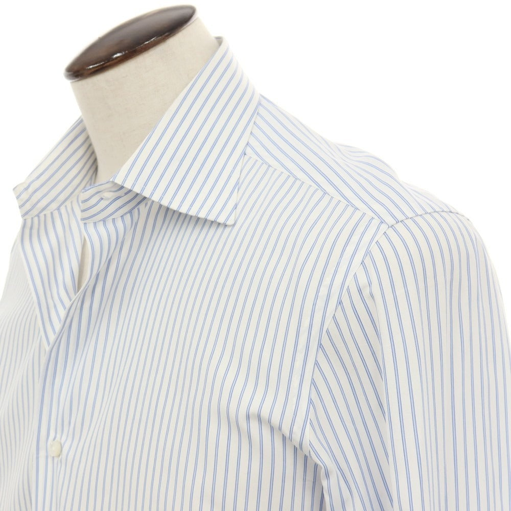 【中古】バルバ BARBA BARNEYS NEW YORK別注 コットン ストライプ ダブルカフス セミワイドカラー ドレスシャツ ホワイトxブルー【サイズ41】【 状態ランクC 】【 メンズ 】