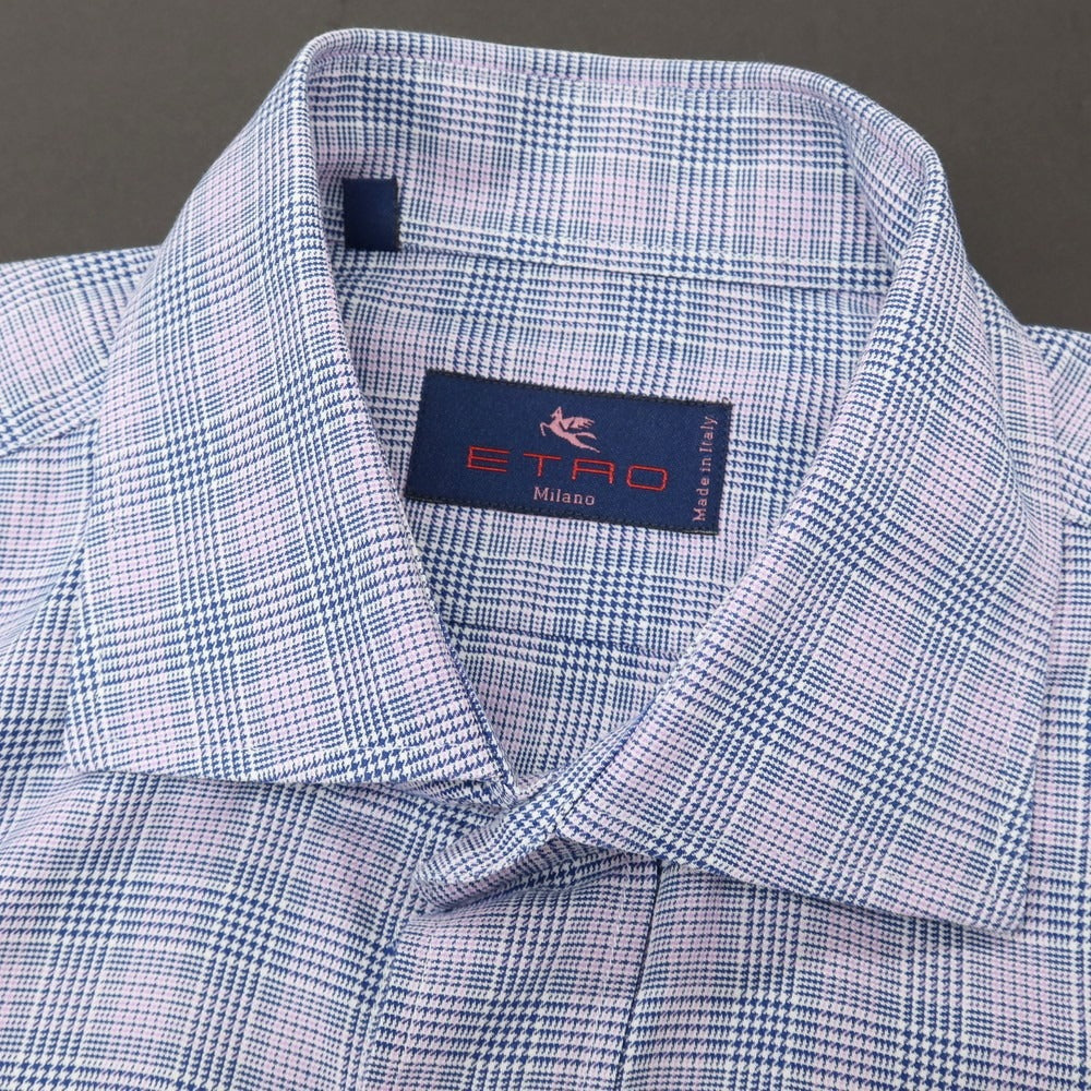 【中古】エトロ ETRO コットン チェック セミワイドカラー カジュアルシャツ ネイビーxピンク【サイズ41】【 状態ランクB 】【 メンズ 】