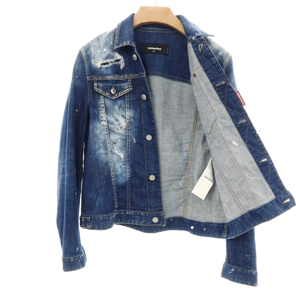 【中古】ディースクエアード DSQUARED2 ダメージ＆ブリーチ加工 ストレッチ コットン デニムジャケット ネイビー【サイズ46】【 状態ランクB 】【 メンズ 】