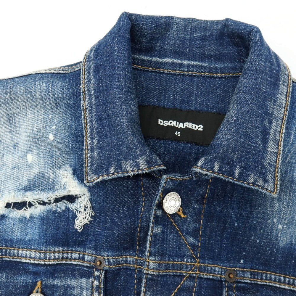 【中古】ディースクエアード DSQUARED2 ダメージ＆ブリーチ加工 ストレッチ コットン デニムジャケット ネイビー【サイズ46】【 状態ランクB 】【 メンズ 】