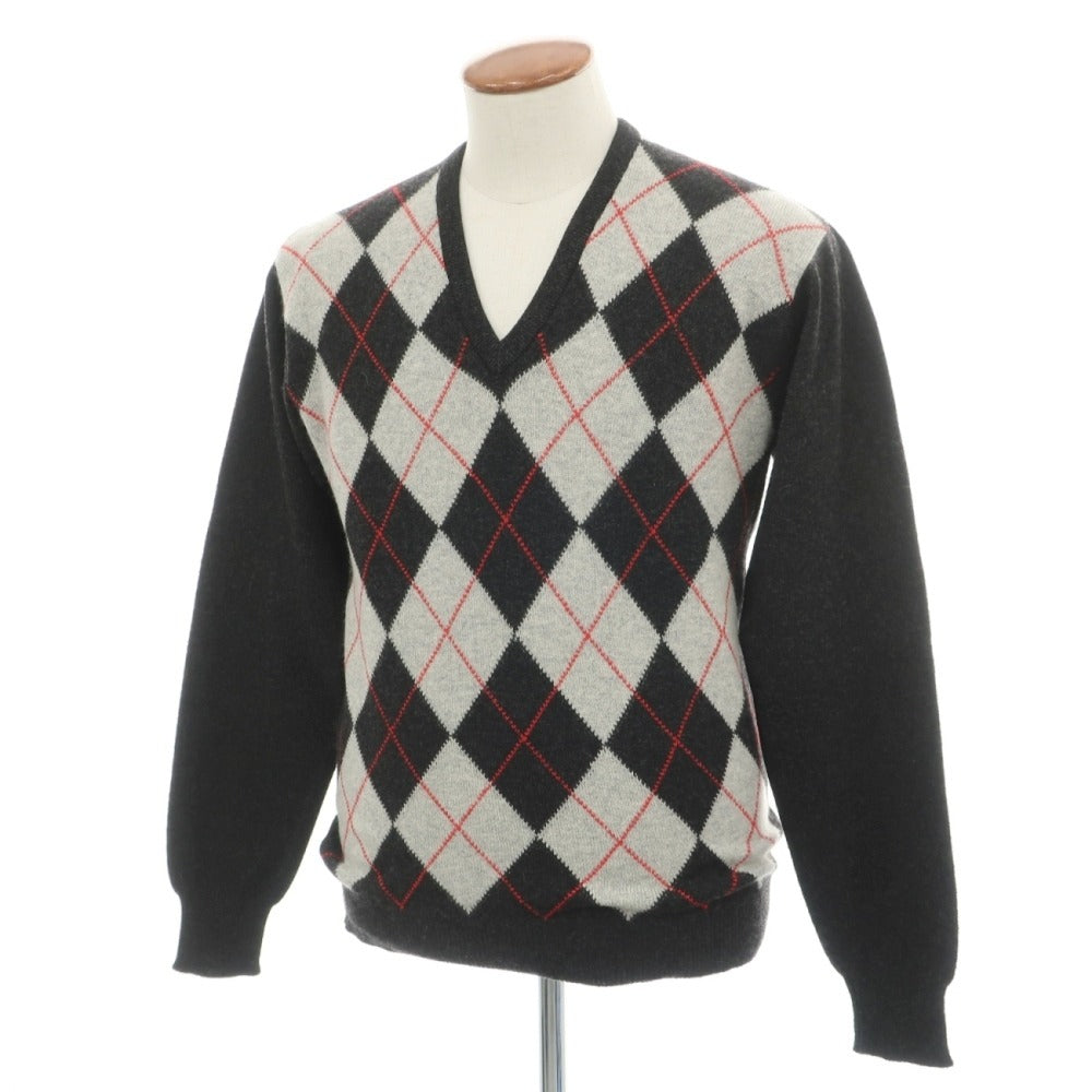 【中古】ライルアンドスコット LYLE&amp;SCOTT カシミヤ アーガイル柄 Vネック プルオーバーニット チャコールグレーxレッド【サイズ40/102】【 状態ランクB 】【 メンズ 】