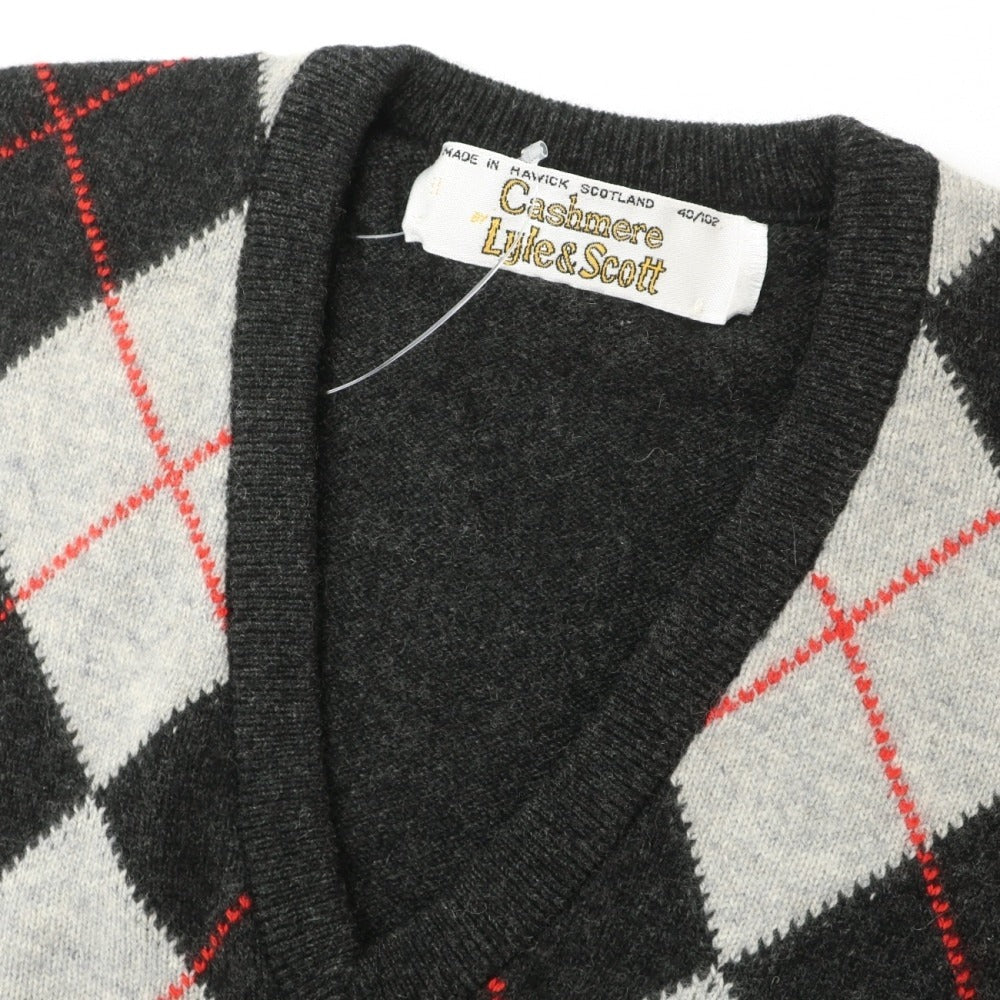 【中古】ライルアンドスコット LYLE&amp;SCOTT カシミヤ アーガイル柄 Vネック プルオーバーニット チャコールグレーxレッド【サイズ40/102】【 状態ランクB 】【 メンズ 】