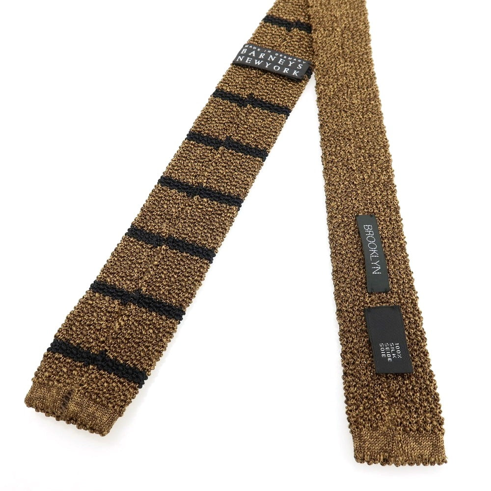 【中古】バーニーズニューヨーク BARNEYS NEWYORK BROOKLYN シルク ボーダー柄 ニットタイ ネクタイ カーキxブラック【 状態ランクB 】【 メンズ 】